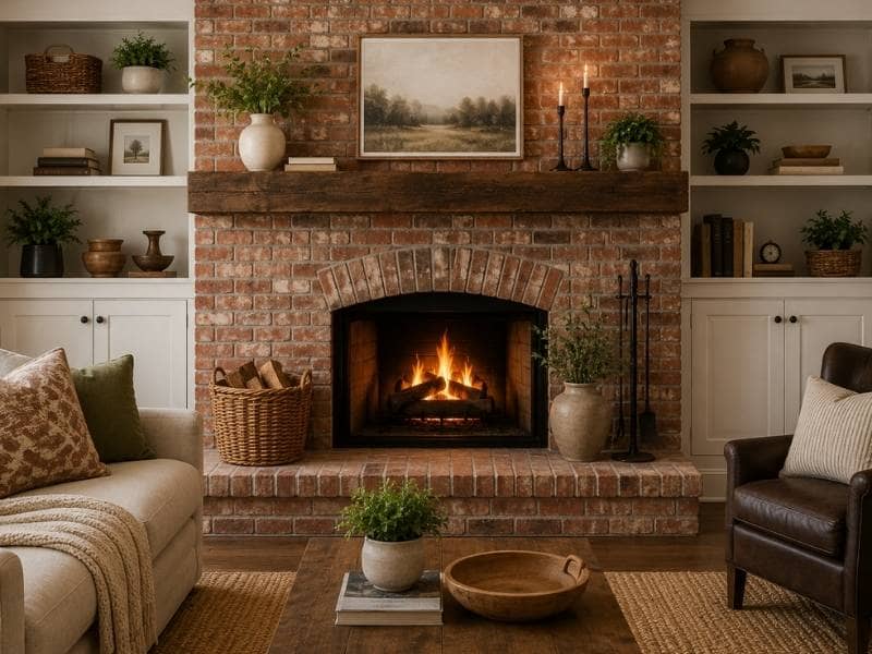 Brick fireplace styles that stand the test of time - Auburn Brick Masonry Classic brick fireplace with a wood mantel and raised hearth in a timeless living room design that complements traditional and modern homes.