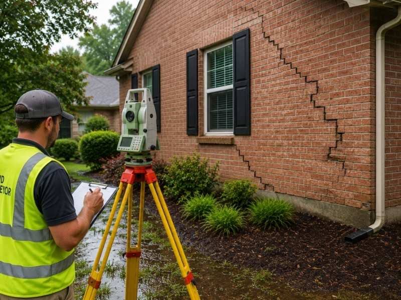 Brick Masonry cracks on an exterior wall being inspected after heavy summer rain and changing soil conditions.