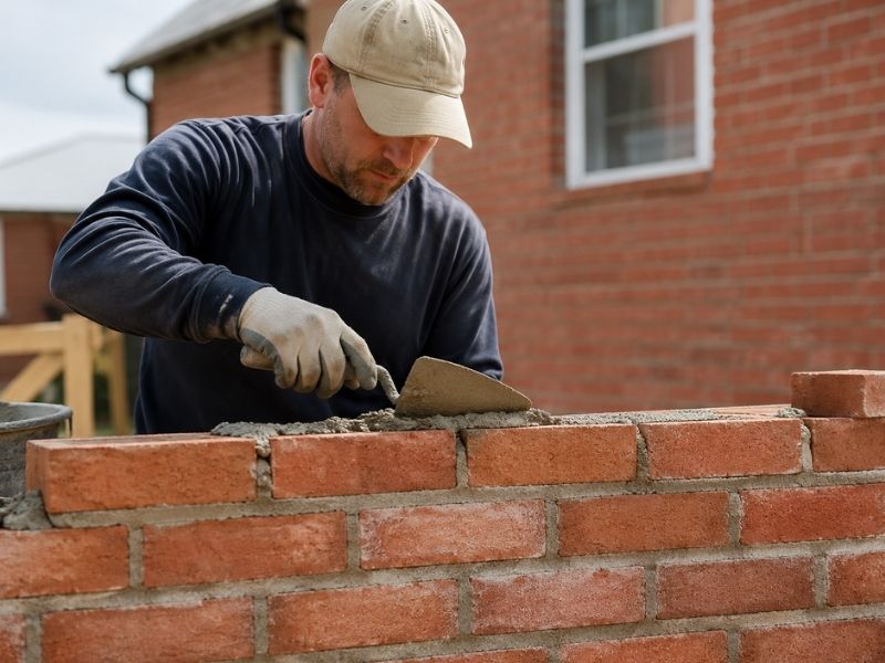 Professional mason building a brick wall to improve durability and home value