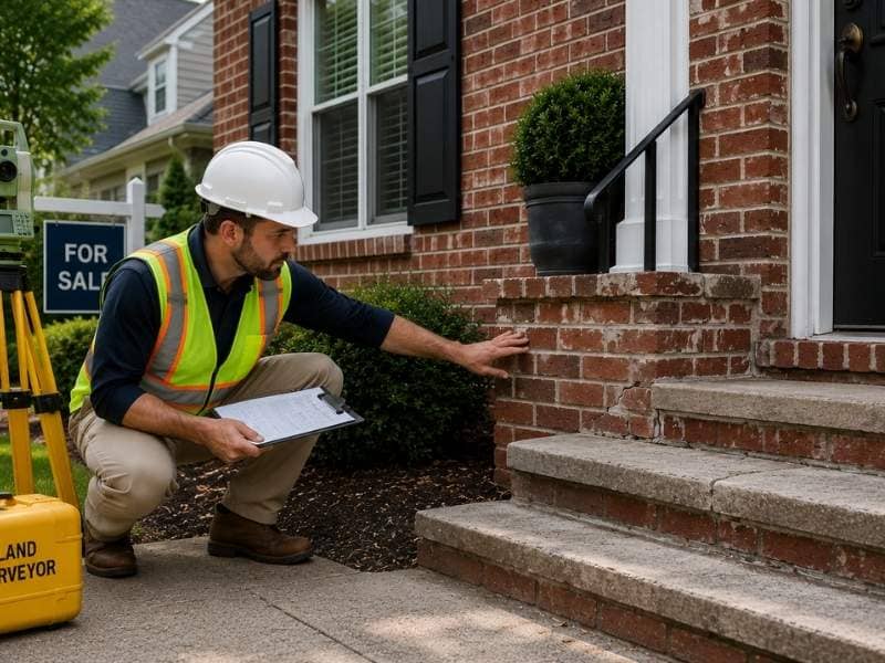 Brick Masonry issues near the front steps being inspected before listing a home for sale.
