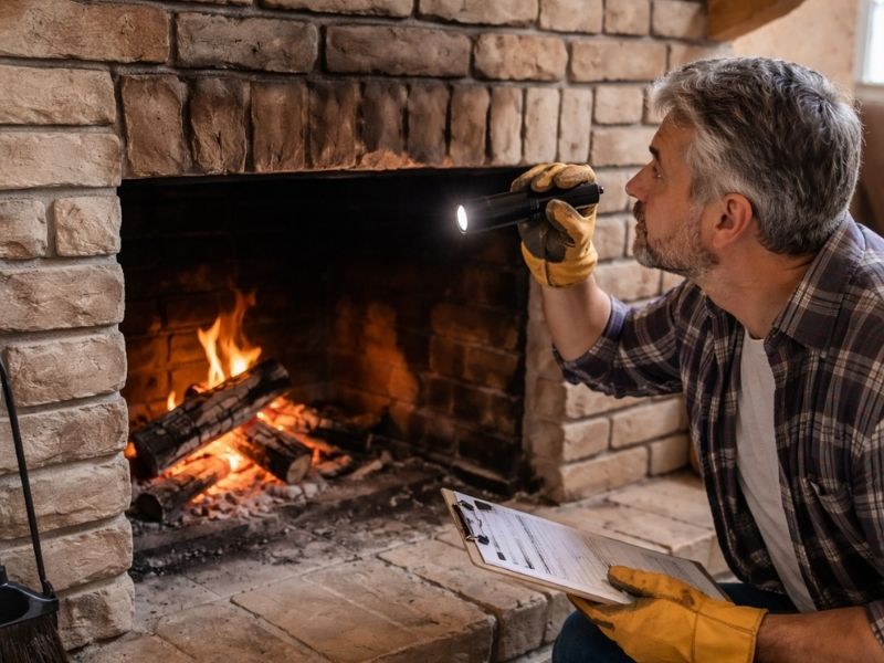 Homeowner inspecting a brick indoor fireplace in a living room