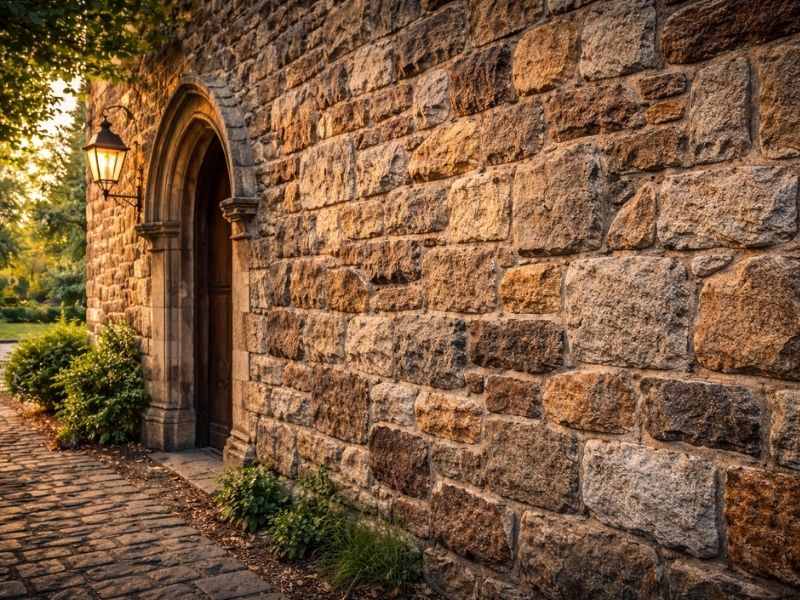 Natural stone masonry wall and entryway showing durable exterior stone construction