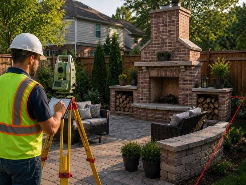 Land surveyor checking property boundary near outdoor fireplaces in a landscaped backyard patio with brick fireplace and seating area.