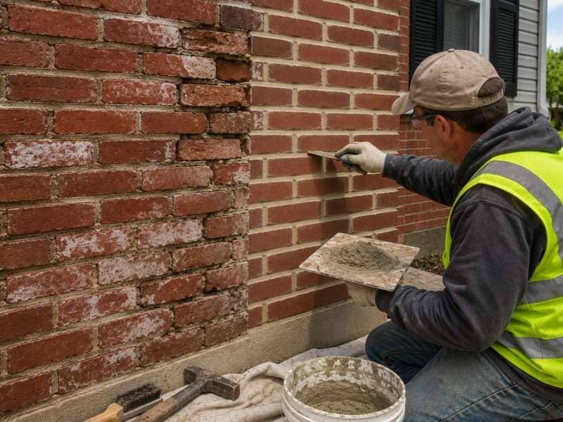 When Brick Repair Helps Protect Long-Term Value by showing a mason repairing damaged mortar joints on a brick wall to prevent water damage and structural deterioration.