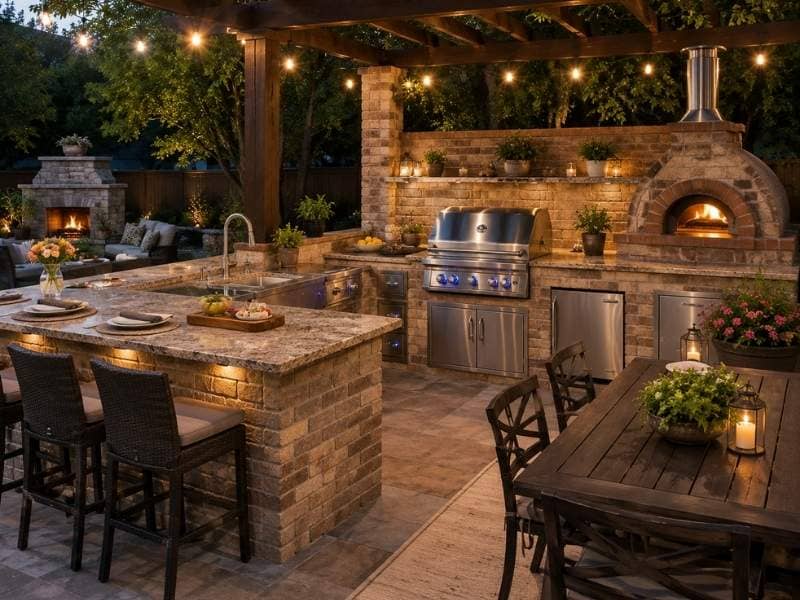 Custom outdoor kitchen with brick and stone construction, built-in grill, pizza oven, bar seating, and dining area for year-round entertaining.
