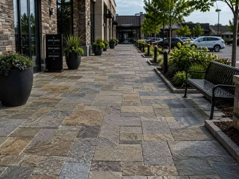 Stone pavers forming a durable commercial walkway outside modern retail and office buildings