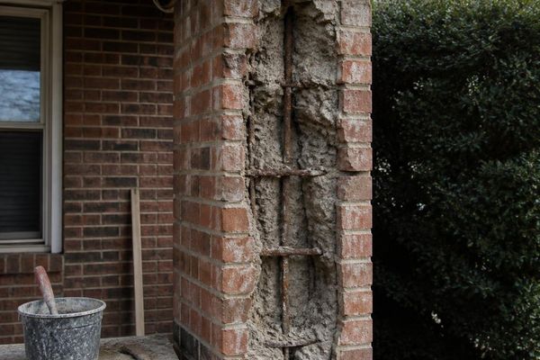 Brick column opened for structural repair, revealing rusted steel reinforcement and a deteriorated masonry core in Auburn, Alabama.