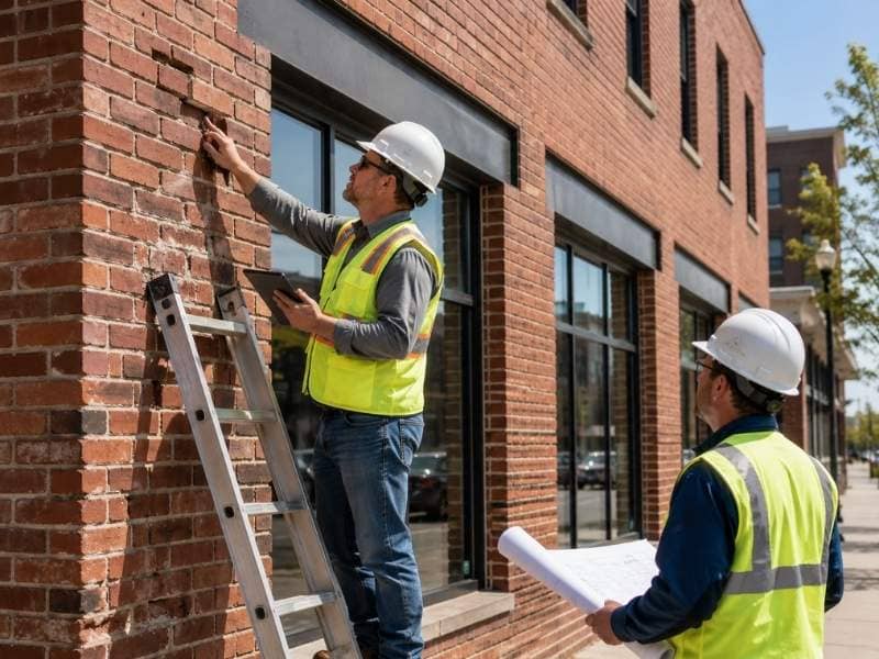Brick mason review for commercial properties showing a professional inspecting brickwork, mortar joints, and masonry conditions on a commercial building.