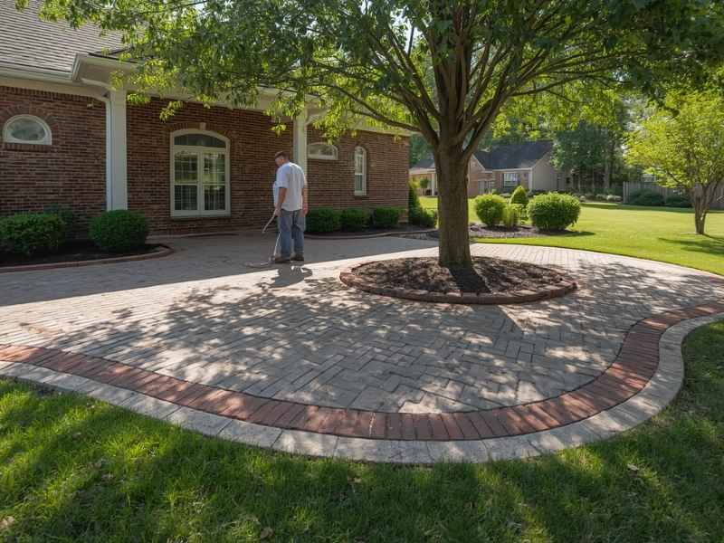Brick paver patio with decorative border surrounding a mature tree beside a brick home, showing a professionally installed residential hardscape in Auburn, Alabama.