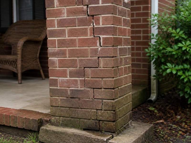 Cracked brick porch column with footing damage and water staining in Auburn, Alabama.