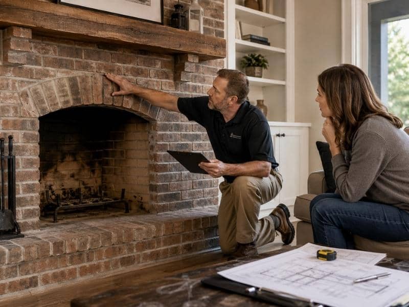 Fireplace changes that benefit from professional review showing a masonry professional inspecting a brick fireplace before a home renovation.