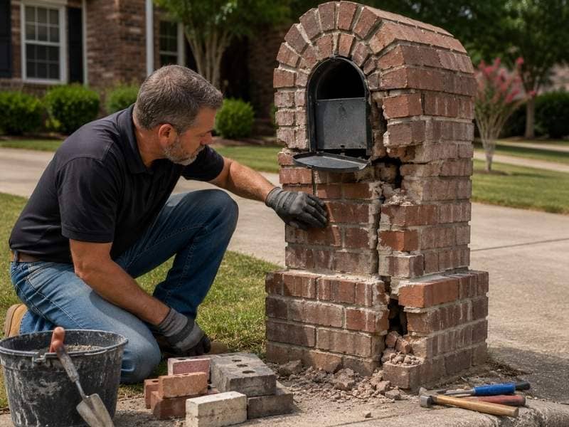 Professional mason inspecting a damaged masonry mailbox with cracked bricks, loose mortar, and a shifted mailbox insert after property damage.
