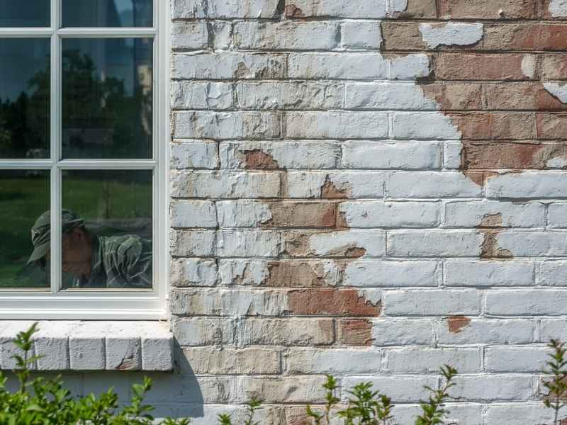 Close-up of a painted brick exterior wall with peeling white paint exposing the original brick, showing common moisture-related paint failure before recoating.