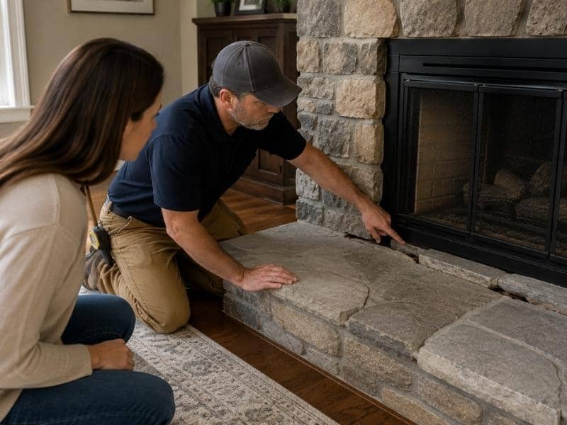 Professional mason inspecting stone hearth damage before closing on a home, including cracked mortar, loose stones, and gaps near the fireplace.
