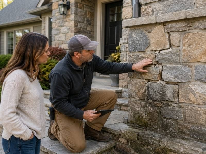 Stone mason work on a home's exterior showing a stone chimney, retaining wall, front steps, and masonry features inspected before buying a home.

