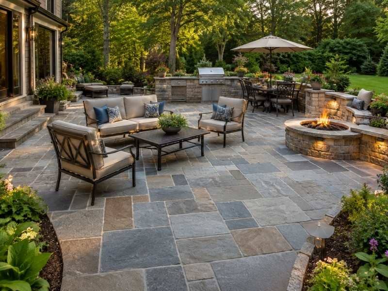 Stone patio designs featuring natural flagstone, a fire pit, seating wall, outdoor dining area, and landscaped garden built for lasting beauty.
