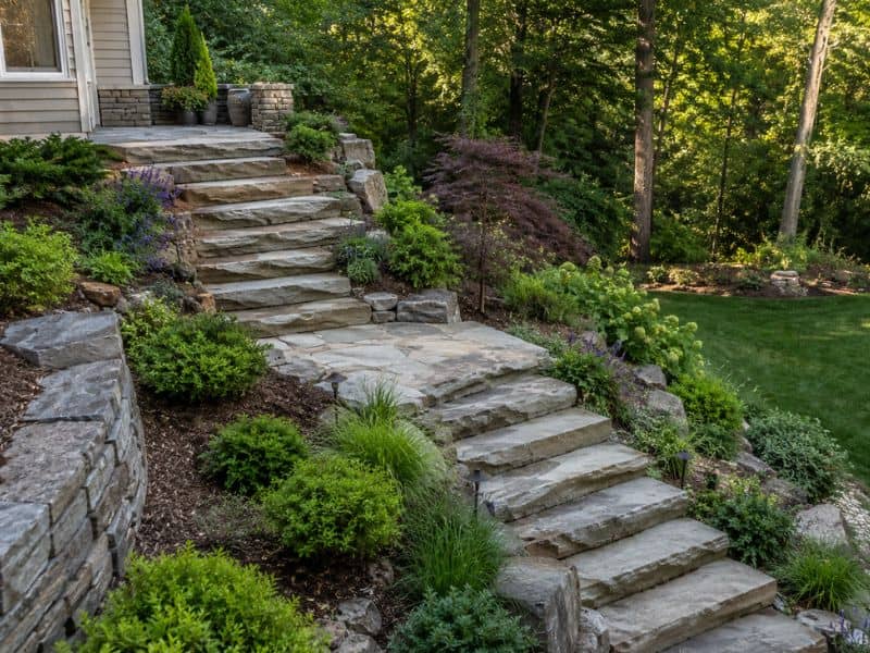 Natural stone steps with textured treads and a landing built into a landscaped sloped yard in Auburn, Alabama.