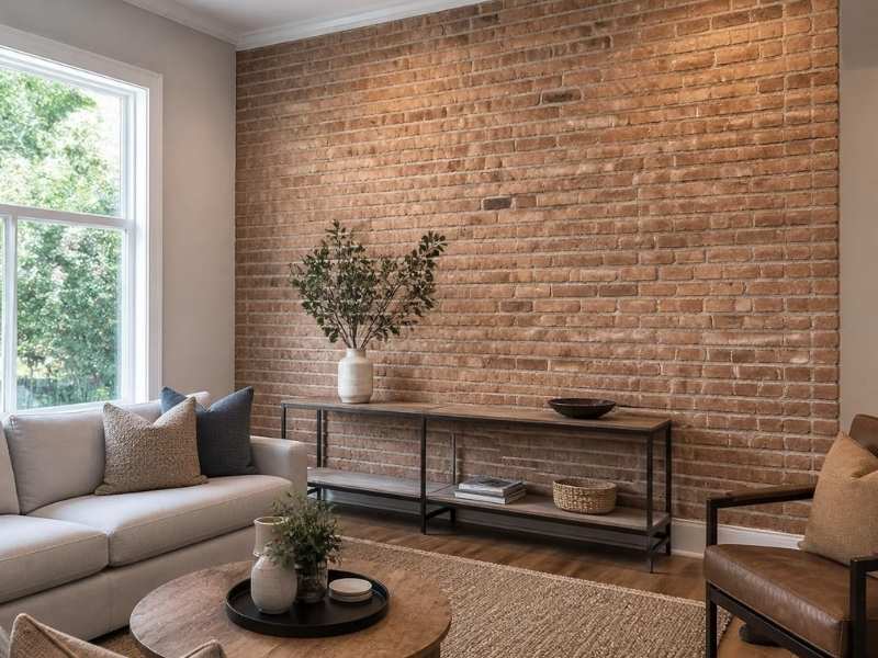Thin brick accent wall in a renovated living room in Auburn, Alabama.