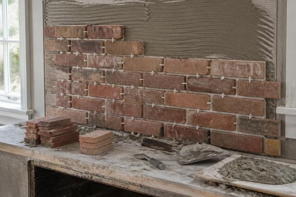 Thin brick veneer being installed over a prepared fireplace surround in Auburn, Alabama.
