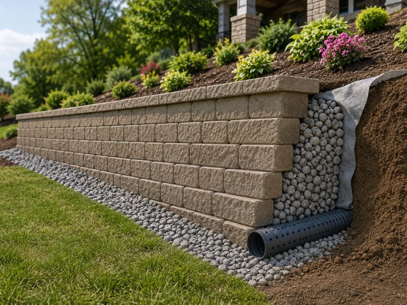 Retaining wall cutaway showing drainage stone, filter fabric, and a perforated pipe installed behind the wall on a landscaped slope in Auburn, ALabama.