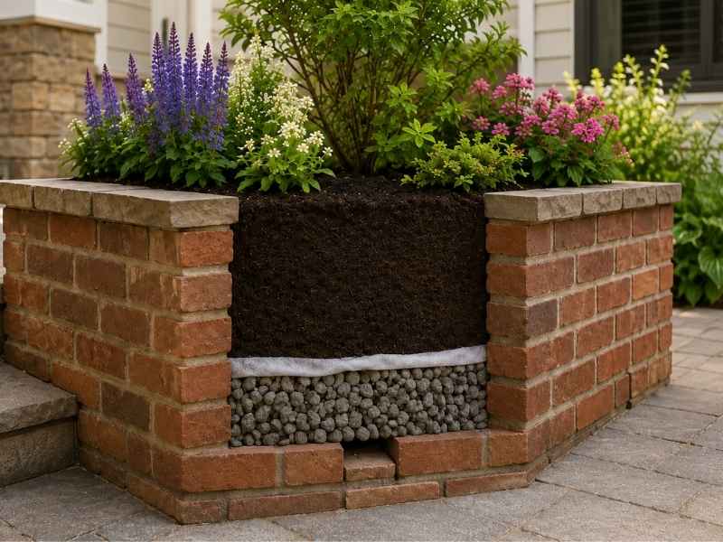 Brick planters with proper drainage for a residential landscape in Auburn Alabama.
