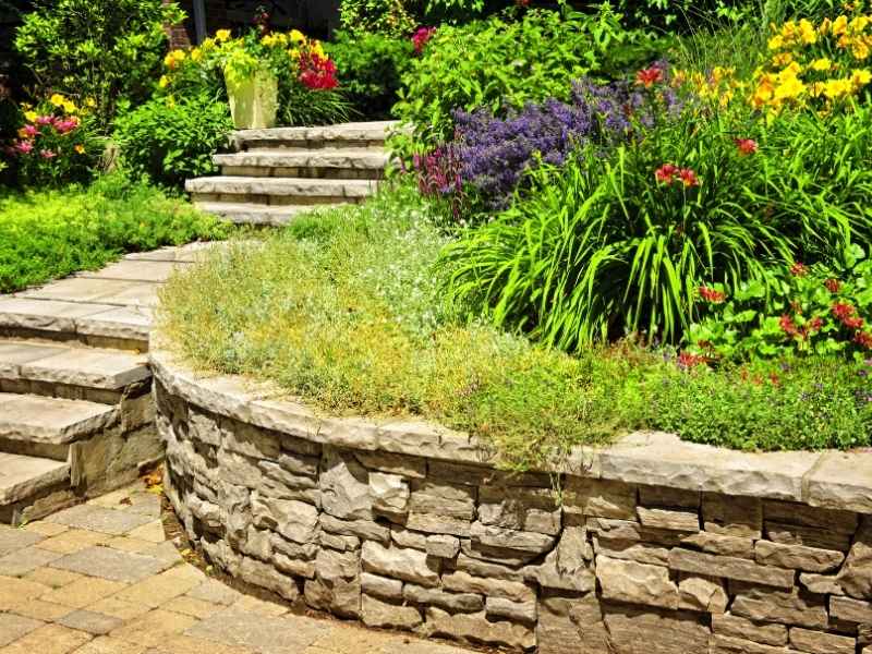 Garden wall ideas in Auburn Alabama showing a low masonry wall that adds definition to a landscaped yard while keeping the outdoor space open.