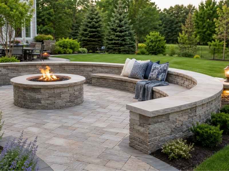 Masonry seat wall in Auburn Alabama adding built in outdoor seating and structure to a landscaped gathering space.
