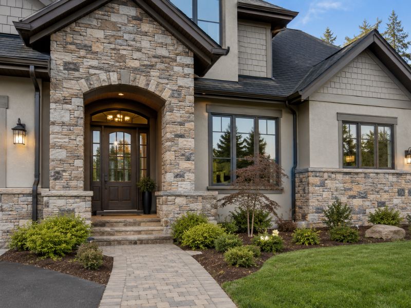 Stone veneer details on a home exterior in Auburn Alabama showing a natural looking entryway and facade.