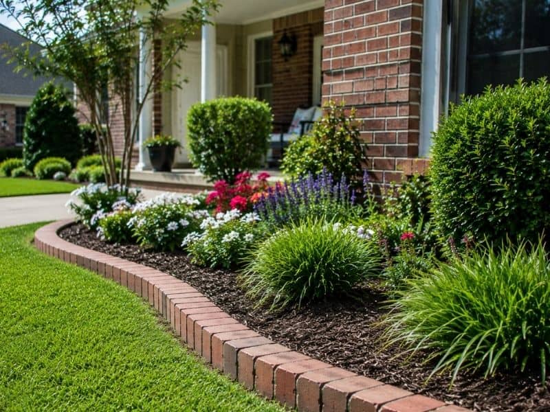 Brick edging creating a clean curved border between a front lawn and landscaped flower bed.