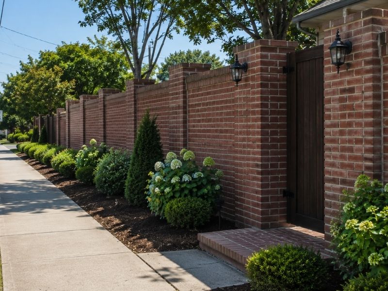 Brick privacy wall providing security and curb appeal for a home near a busy road in Auburn, Alabama.