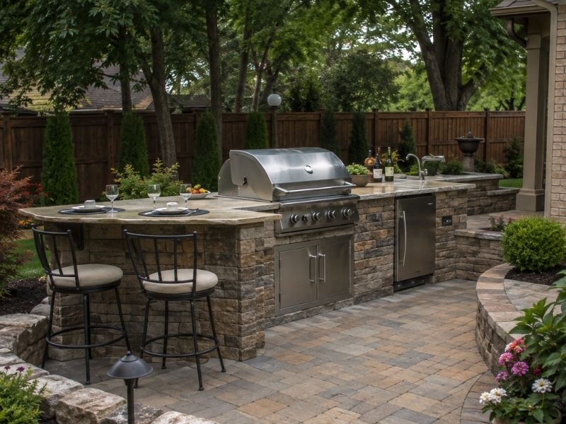 masonry-grill-area-backyard-auburn - Auburn Brick Masonry Natural-looking grill masonry area in an Auburn backyard with a built-in stone grill, outdoor counter, seating, and landscaped patio.