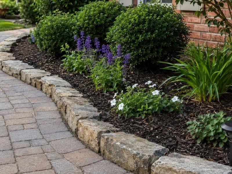 Stone edging along a curved walkway and landscaped planting bed in Auburn, Alabama