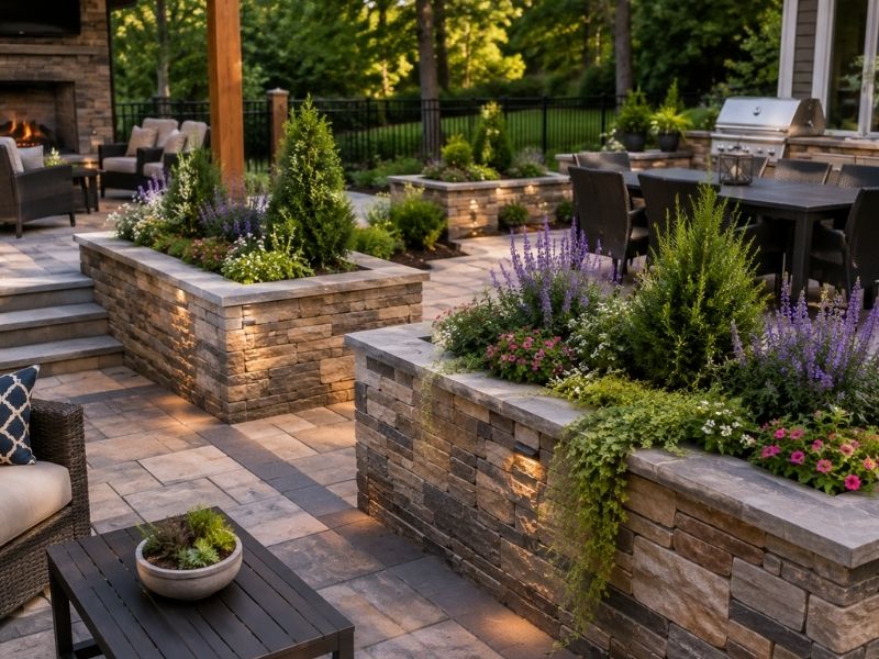 Stone planters separating seating, dining, and entertaining areas in a renovated backyard patio in Auburn, AL.